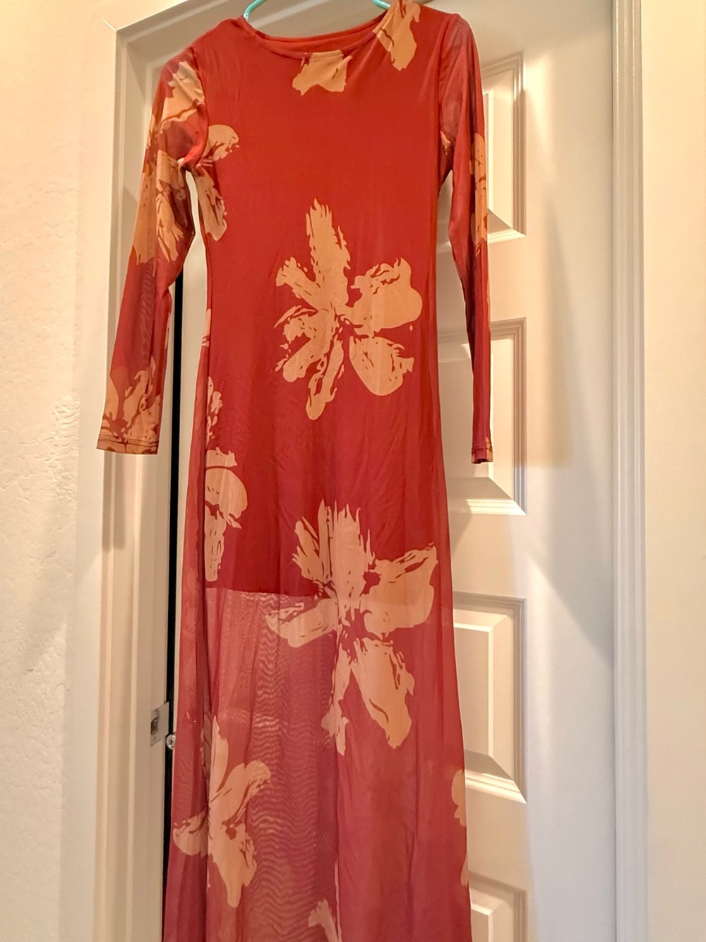 Boho Orange Floral Maxi Dress with Long Sleeves